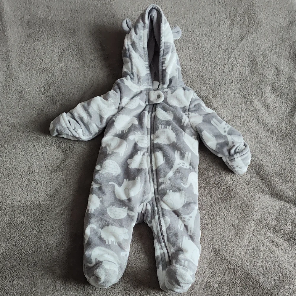 Gray & White Baby Animal Print Hooded Snowsuit